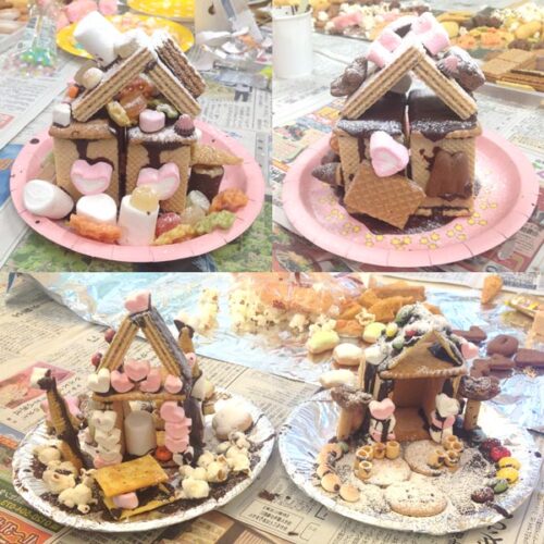 シンプルでいて、お庭の作りに凝ったクリスマスのお菓子の家の画像