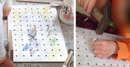コルクのデザインボードに絵を描いてひっかける棒を取り付ける
