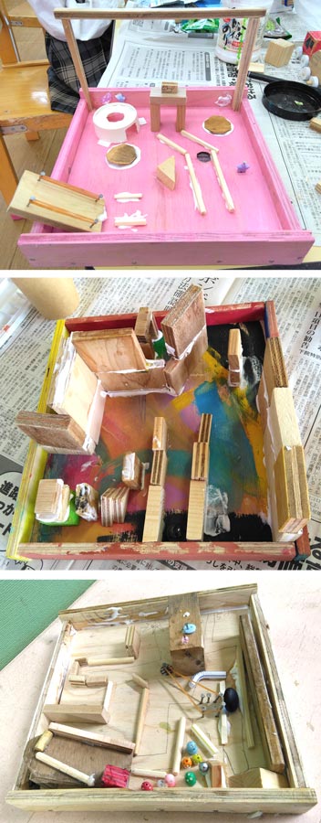 木材で作る手作りのビー玉転がしの完成作品